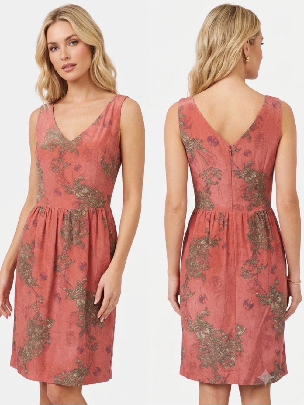 Peruvian Connection 100% Silk A-Line Dress 10 Red Asian Floral V Neck Pockets